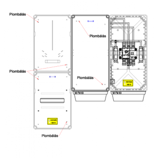 Egy felhasználási helyes 125A indirekt mérés, földkábeles, felületre szerelt, kombinált szekrény kivitelben, tűzeseti leválasztóval