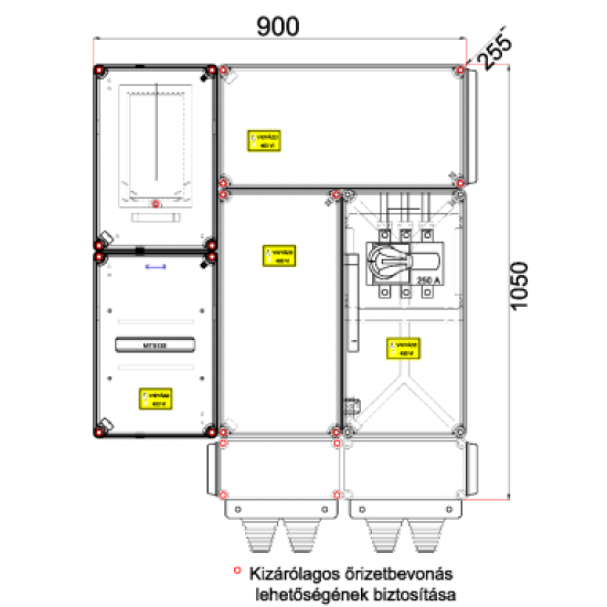 Egy felhasználási helyes 200A indirekt mérés, földkábeles, felületre szerelt, kombinált szekrény kivitelben, tűzeseti leválasztóval